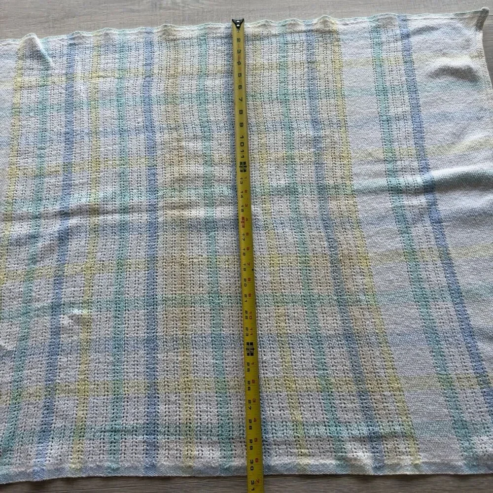 Beacon Vintage Baby Blanket Pastel Plaid Stripe Knit Waffle Weave USA 43” X 30”